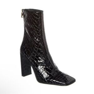 Good American Croc Embossed Square Toe Ankle Boot Patent Black